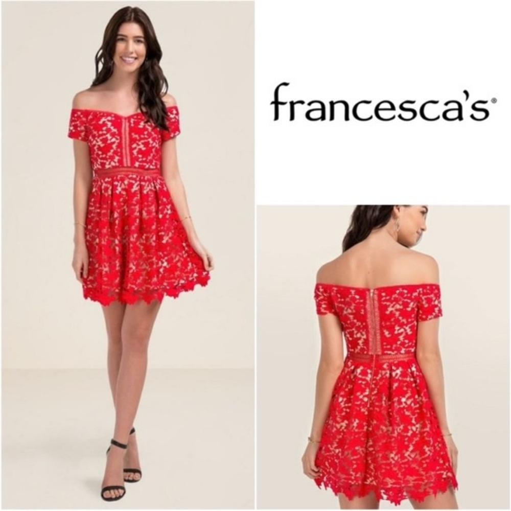 Red Beverly Off The Shoulder Crochet Lace A line Mini Dress